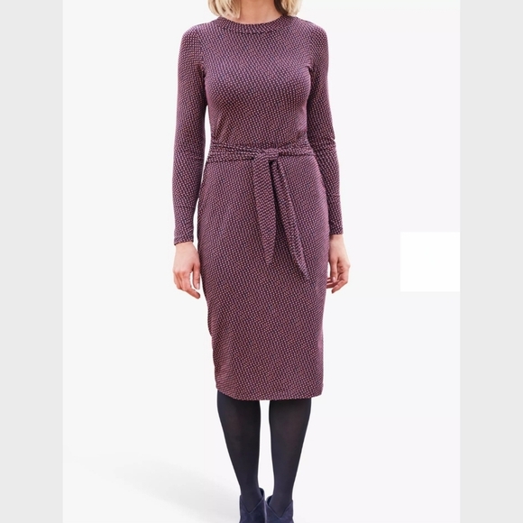 Pure Collection Sz 8/10 Crew-neck Long-Sleeve Tie-Front Lined Jersey Midi Dress - Picture 1 of 16